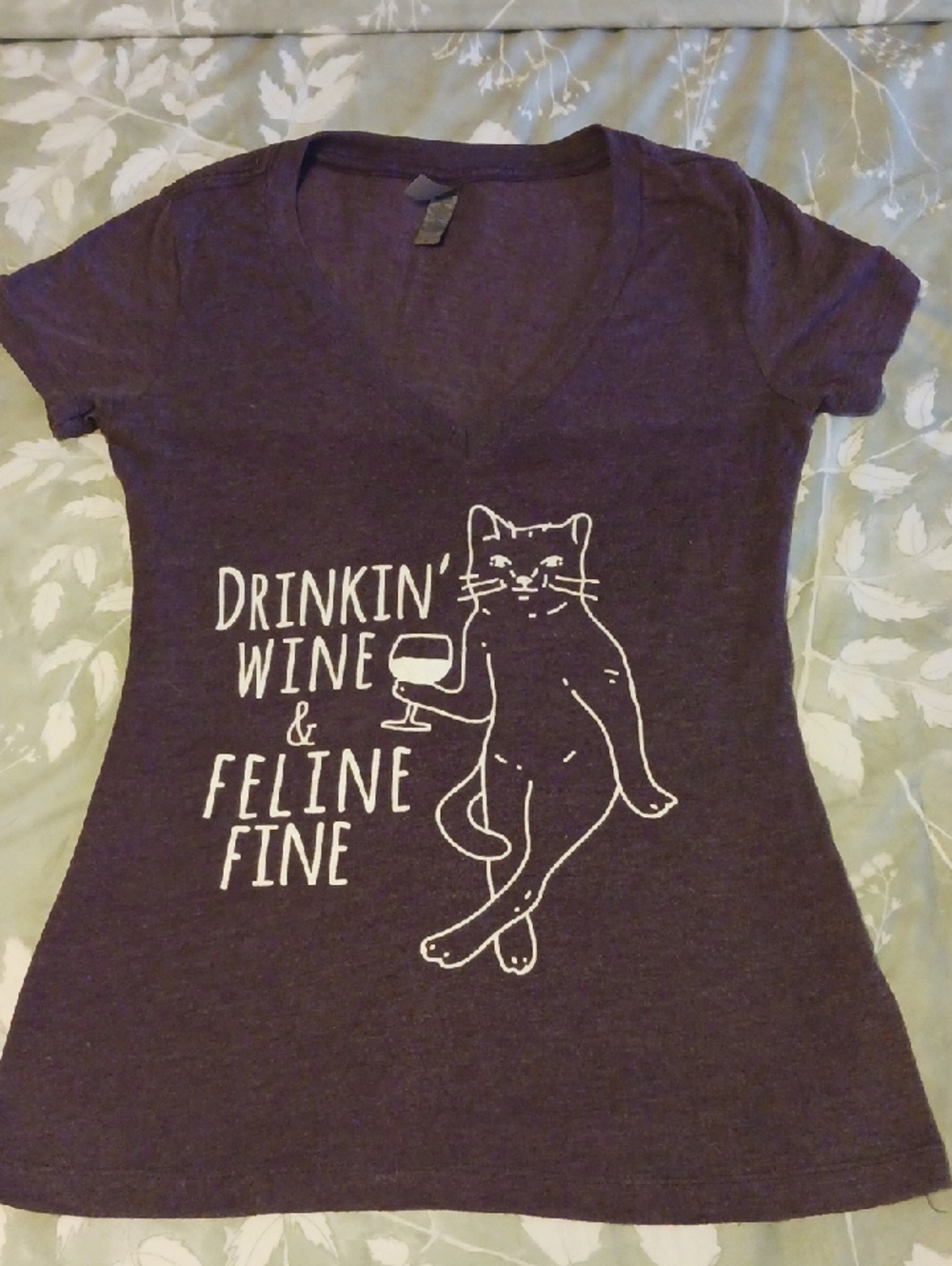 Next Level Apparel Purple Cat Wine Graphic V-Neck Tee